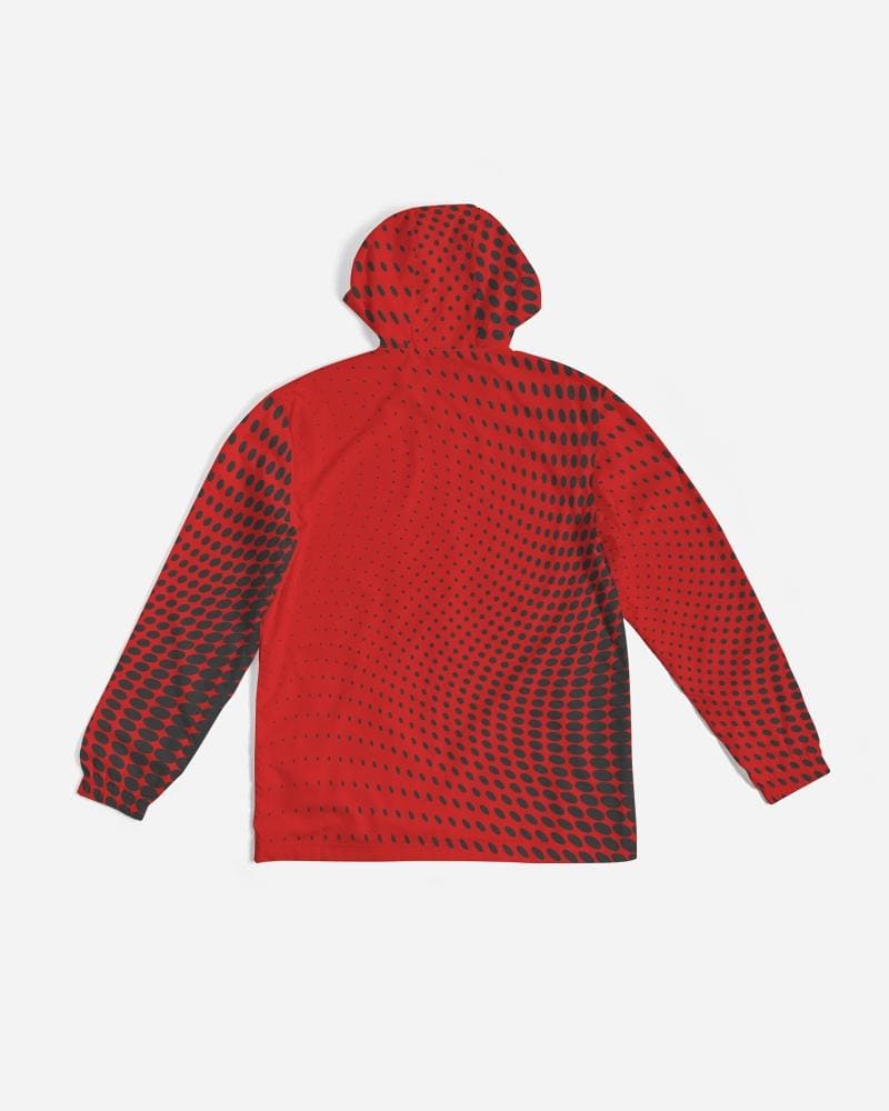 Men's Hooded Windbreaker in red polka dot design, showcasing its lightweight and water-resistant fabric.