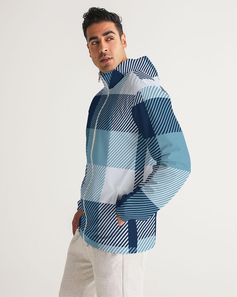 Men's Hooded Windbreaker in Tartan Plaid Blue, showcasing its stylish design and water-resistant fabric.