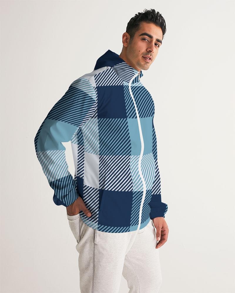 Men's Hooded Windbreaker in Tartan Plaid Blue, showcasing its stylish design and water-resistant fabric.