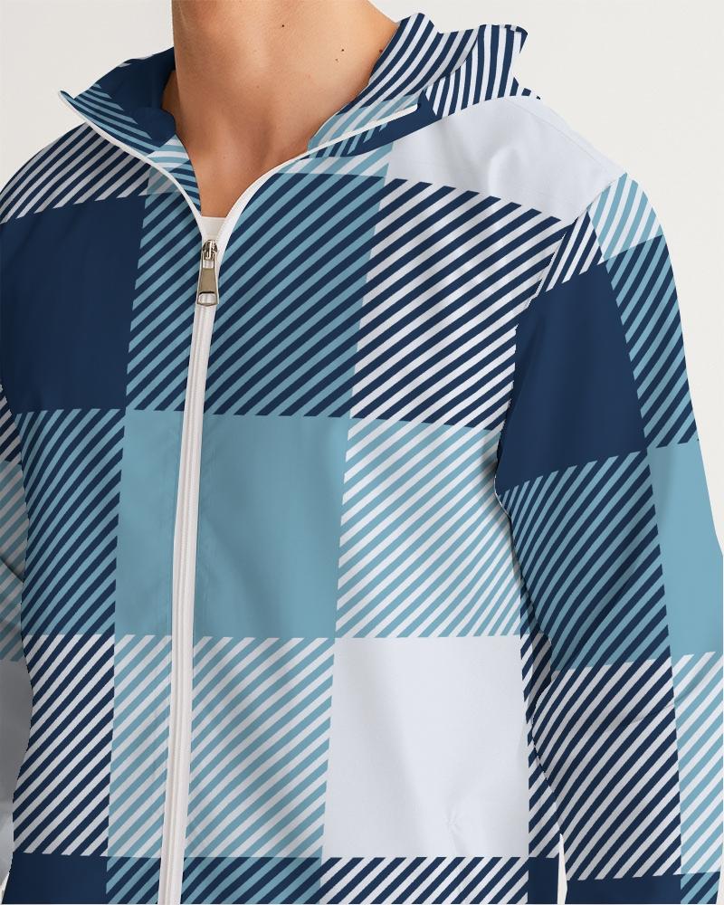 Men's Hooded Windbreaker in Tartan Plaid Blue, showcasing its stylish design and water-resistant fabric.