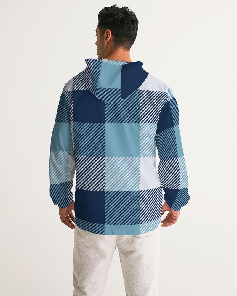 Men's Hooded Windbreaker in Tartan Plaid Blue, showcasing its stylish design and water-resistant fabric.