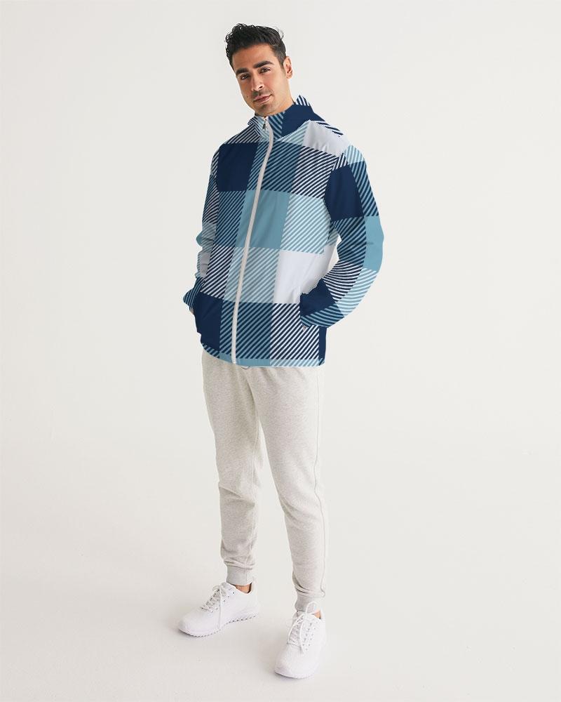 Men's Hooded Windbreaker in Tartan Plaid Blue, showcasing its stylish design and water-resistant fabric.