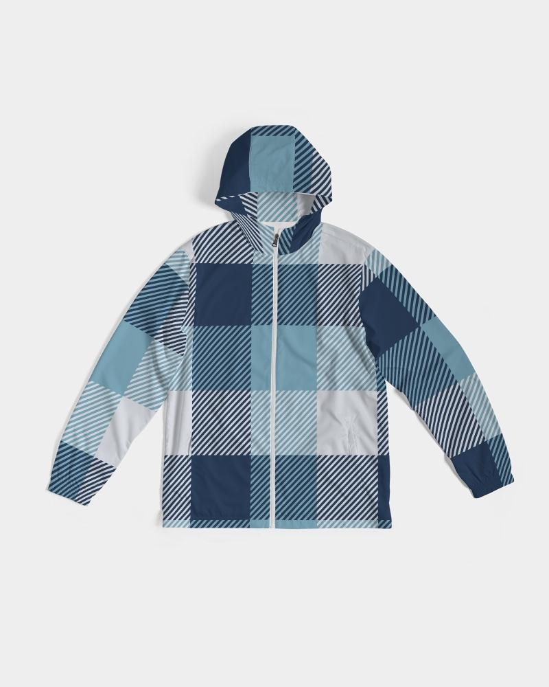 Men's Hooded Windbreaker in Tartan Plaid Blue, showcasing its stylish design and water-resistant fabric.