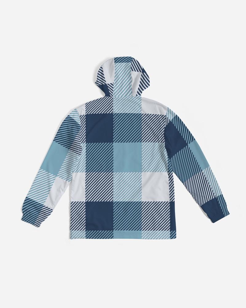 Men's Hooded Windbreaker in Tartan Plaid Blue, showcasing its stylish design and water-resistant fabric.