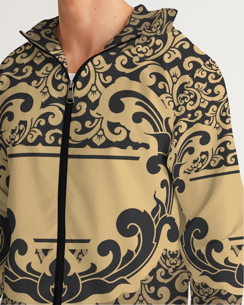 Men's Hooded Windbreaker featuring a vintage black and gold pattern, showcasing its lightweight and water-resistant fabric.