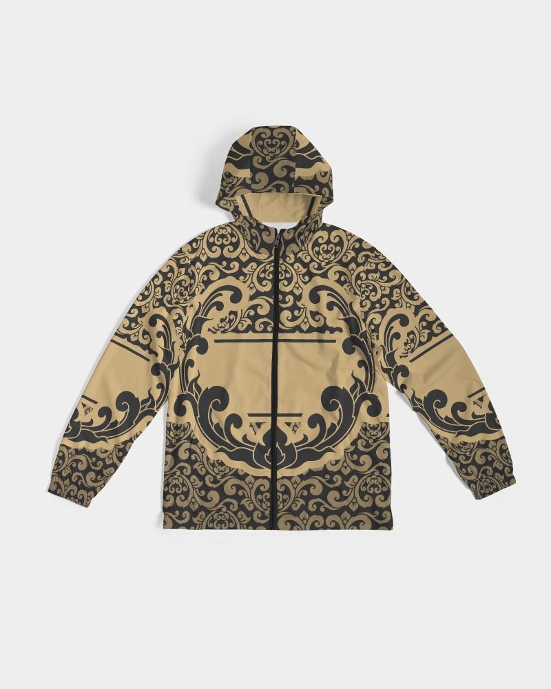 Men's Hooded Windbreaker featuring a vintage black and gold pattern, showcasing its lightweight and water-resistant fabric.