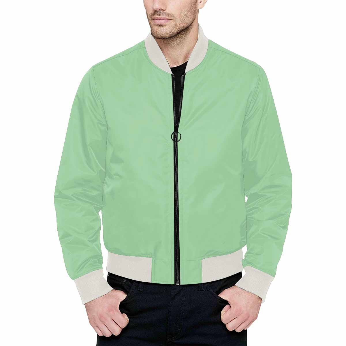 Men's Celadon Green Bomber Jacket featuring a quilted lining and personalized all-over print design, with classic zipper and pouch pockets.