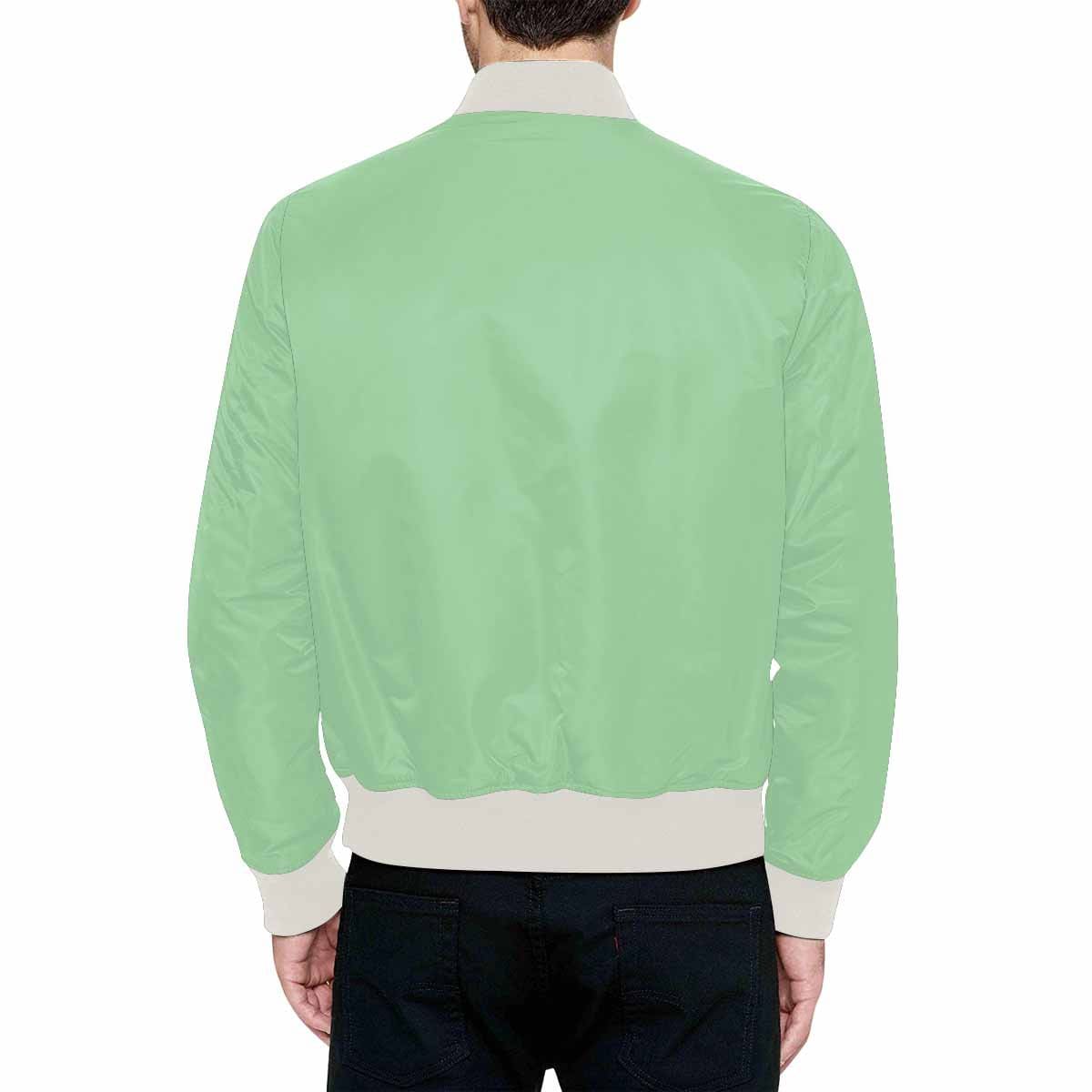 Men's Celadon Green Bomber Jacket featuring a quilted lining and personalized all-over print design, with classic zipper and pouch pockets.