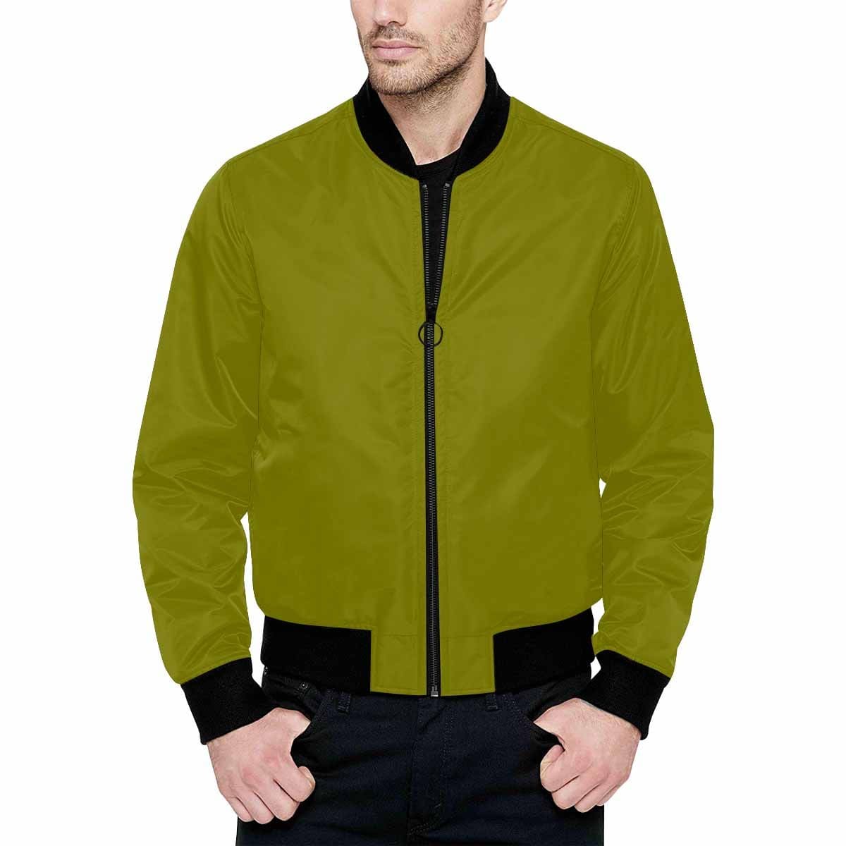 Men's Dark Olive Green Bomber Jacket with quilted lining and zipper closure, featuring personalized all-over print and pouch pockets.