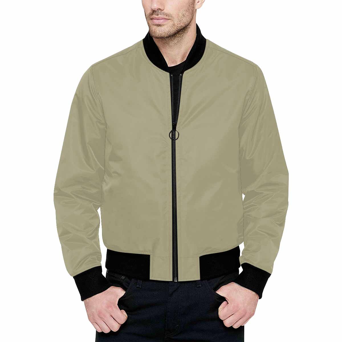 Men's Dark Sage Green and Black Bomber Jacket with quilted lining and personalized print, featuring zipper and pouch pockets.