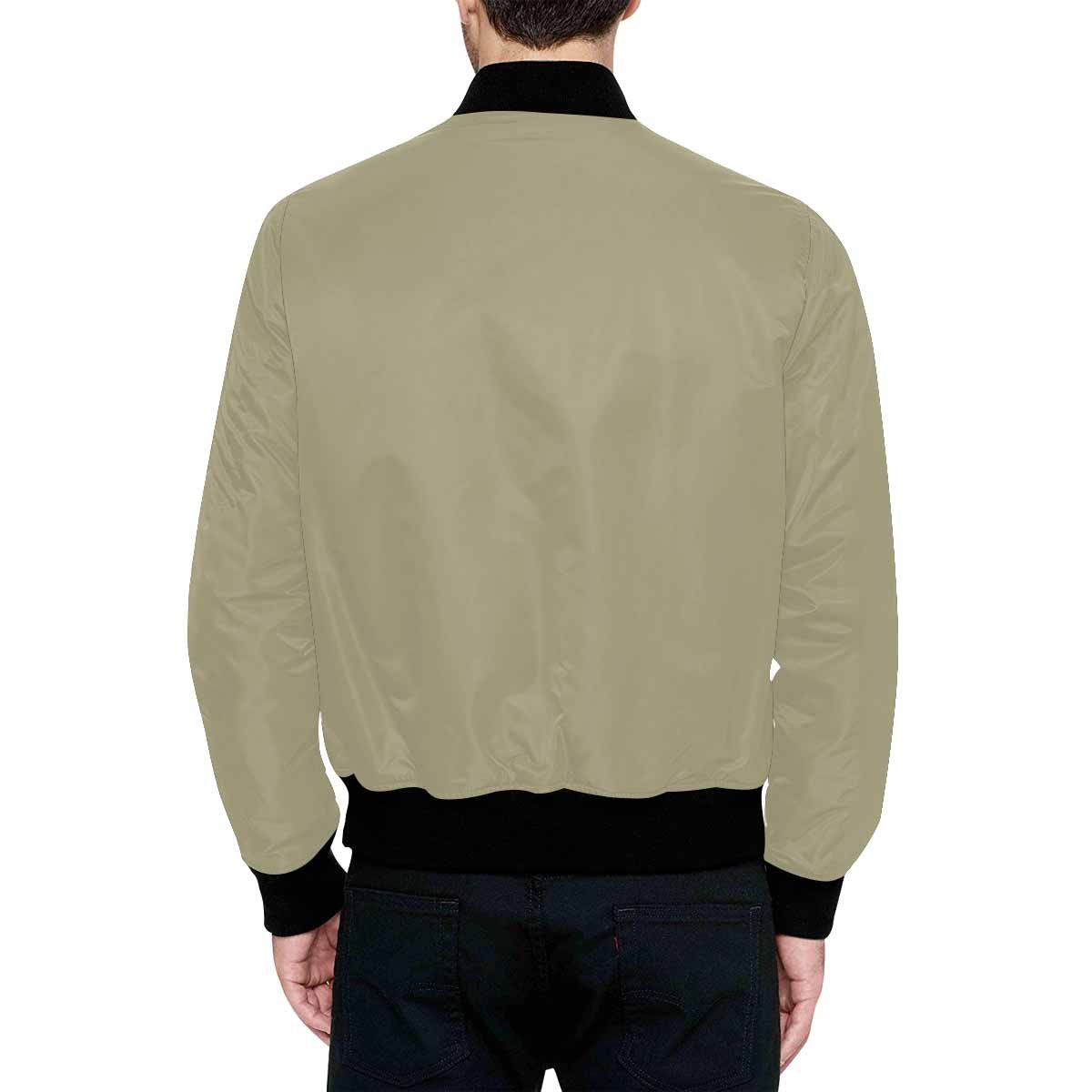 Men's Dark Sage Green and Black Bomber Jacket with quilted lining and personalized print, featuring zipper and pouch pockets.