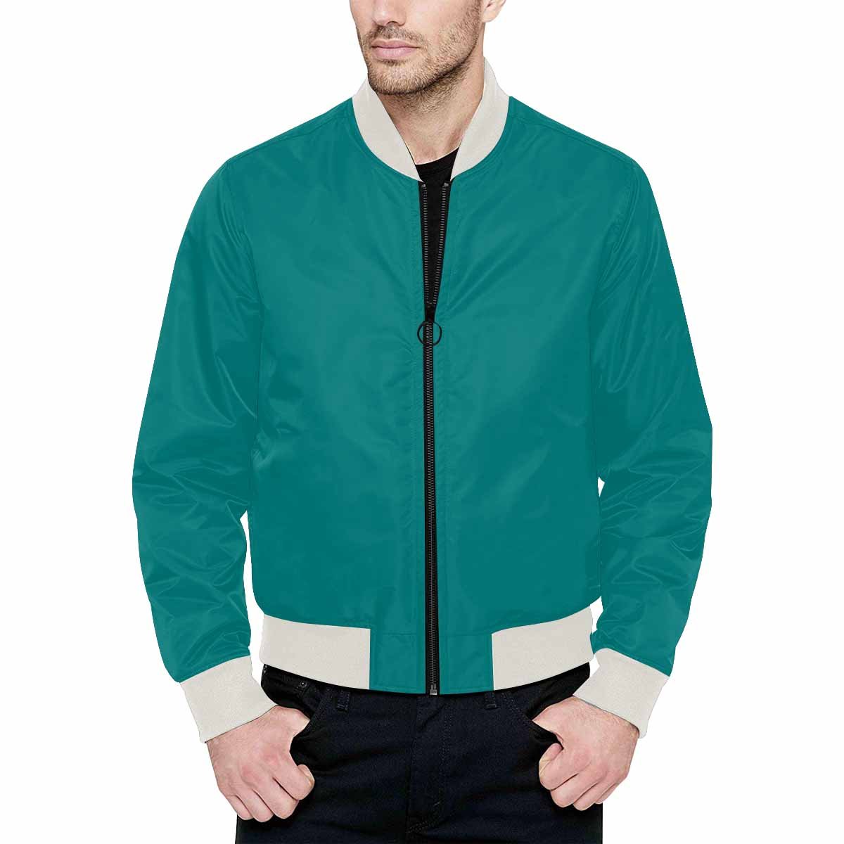 Men's Dark Teal Green Bomber Jacket with quilted lining and zipper closure, featuring personalized all-over print and pouch pockets.