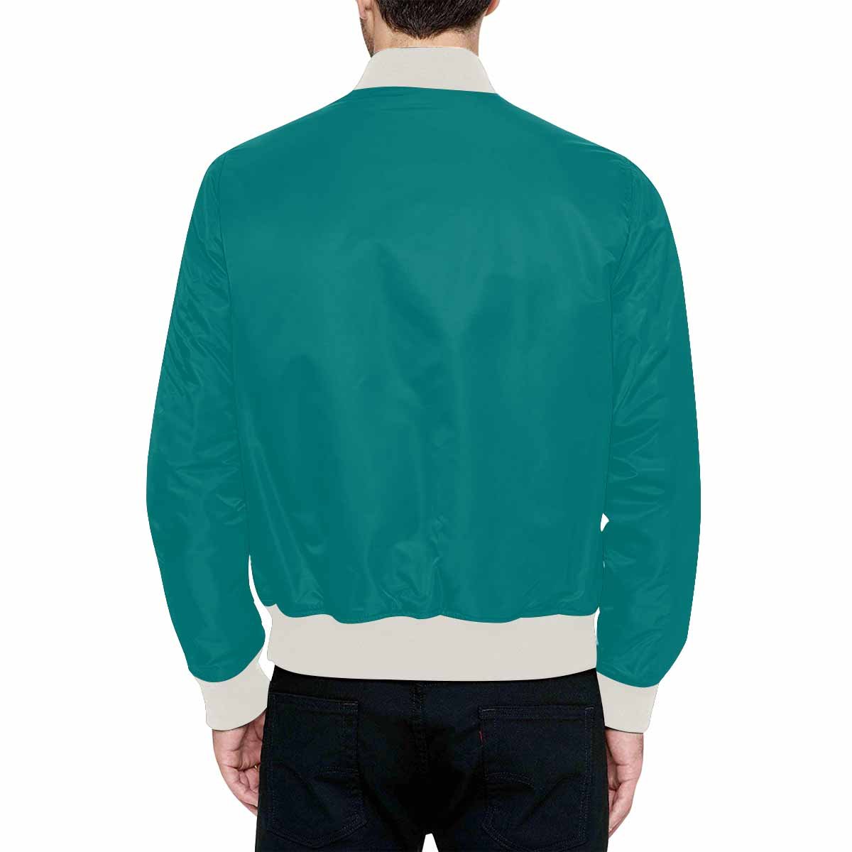 Men's Dark Teal Green Bomber Jacket with quilted lining and zipper closure, featuring personalized all-over print and pouch pockets.