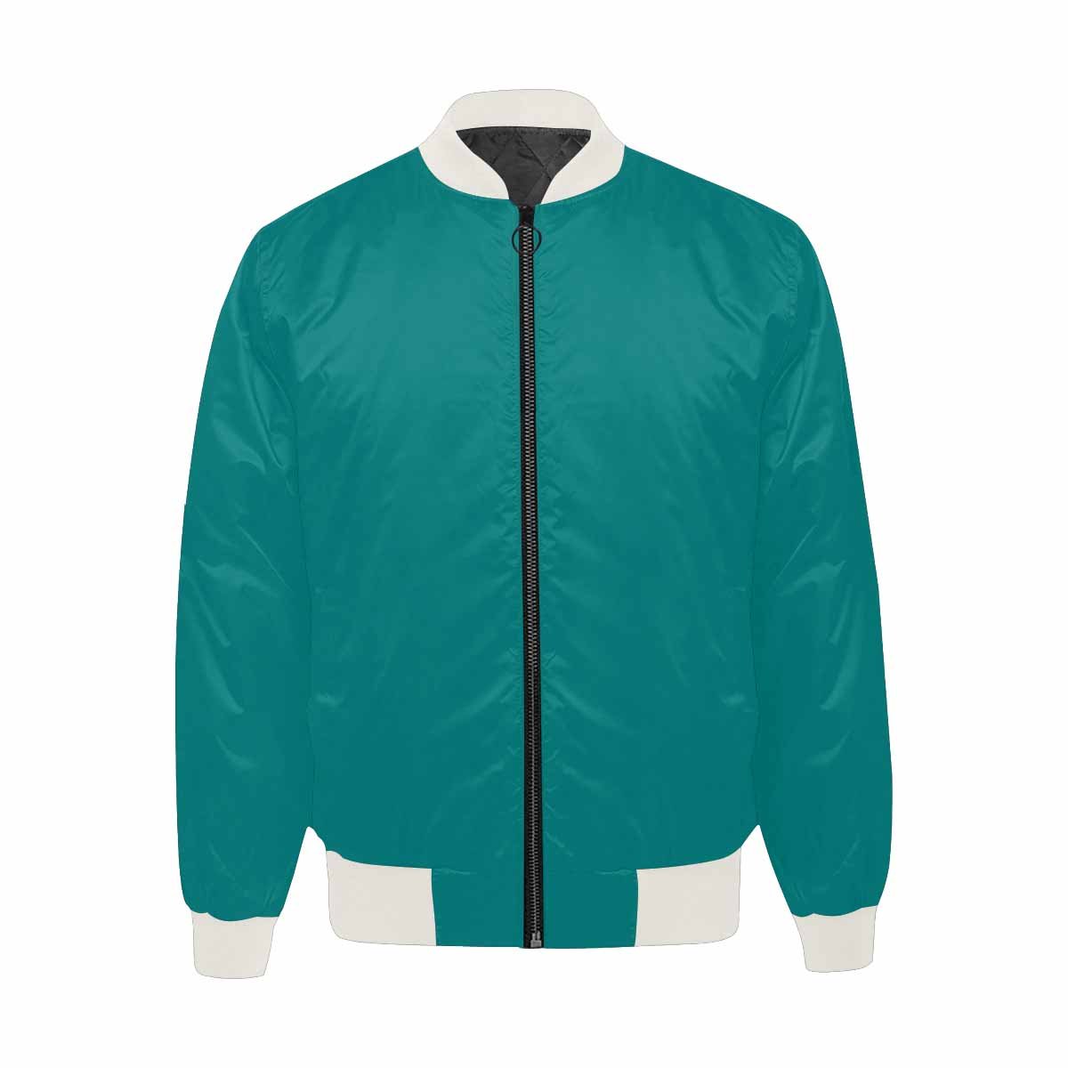 Men's Dark Teal Green Bomber Jacket with quilted lining and zipper closure, featuring personalized all-over print and pouch pockets.