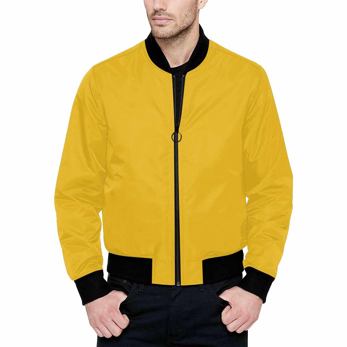 Mens Freesia Yellow and Black Bomber Jacket with quilted lining and zipper closure, featuring stylish all-over print and two pouch pockets.