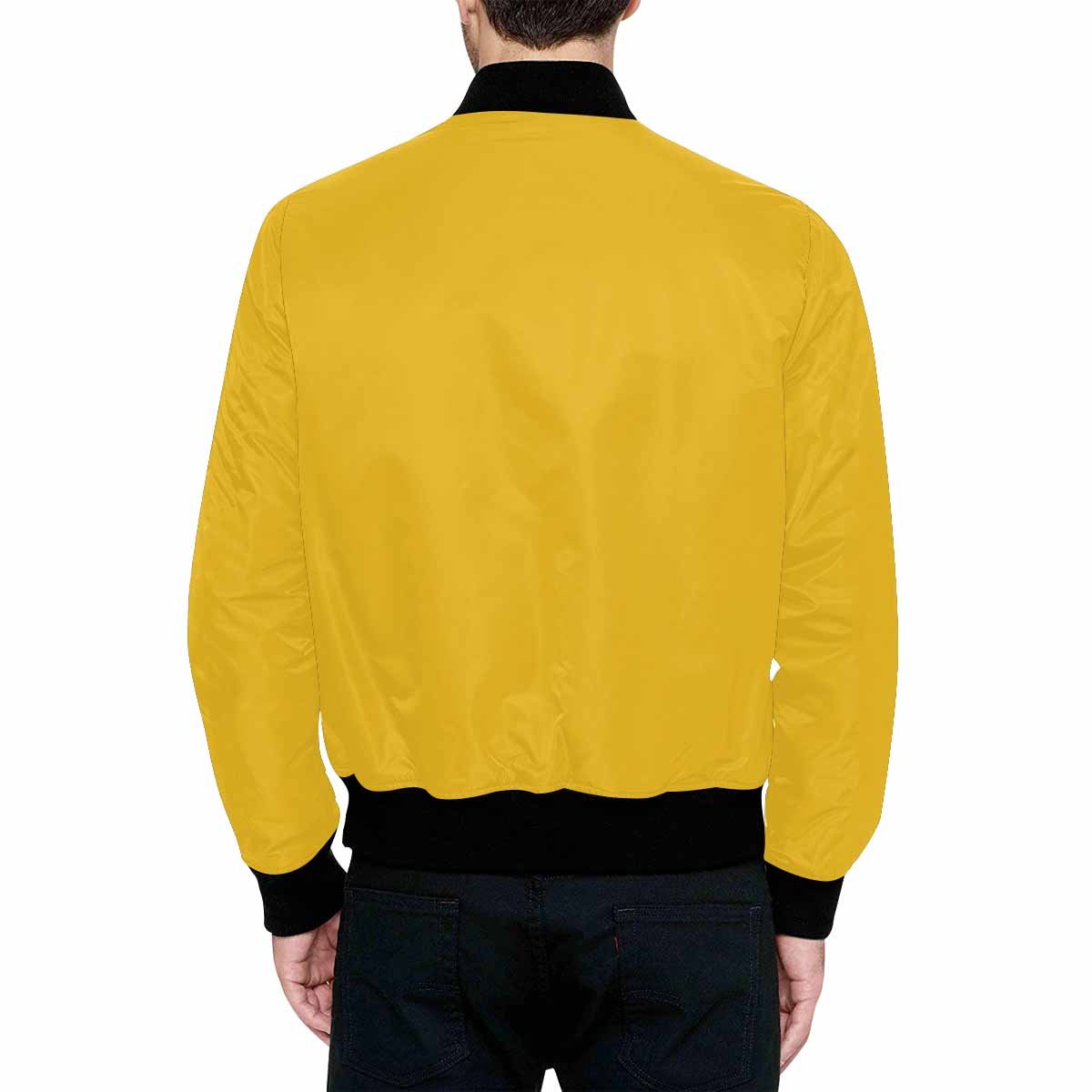 Mens Freesia Yellow and Black Bomber Jacket with quilted lining and zipper closure, featuring stylish all-over print and two pouch pockets.