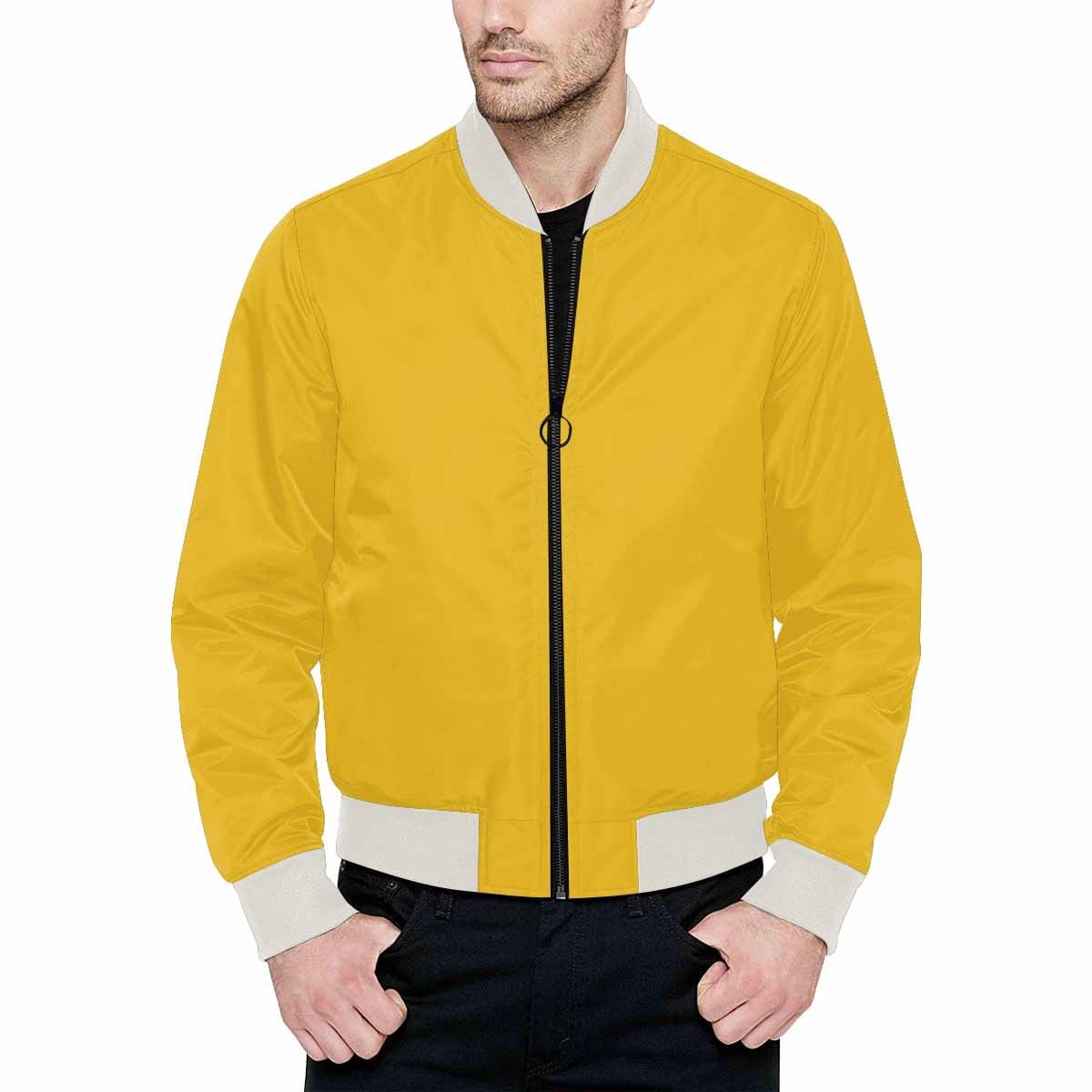 Mens Freesia Yellow Bomber Jacket featuring a quilted lining and personalized print design, perfect for stylish outerwear.