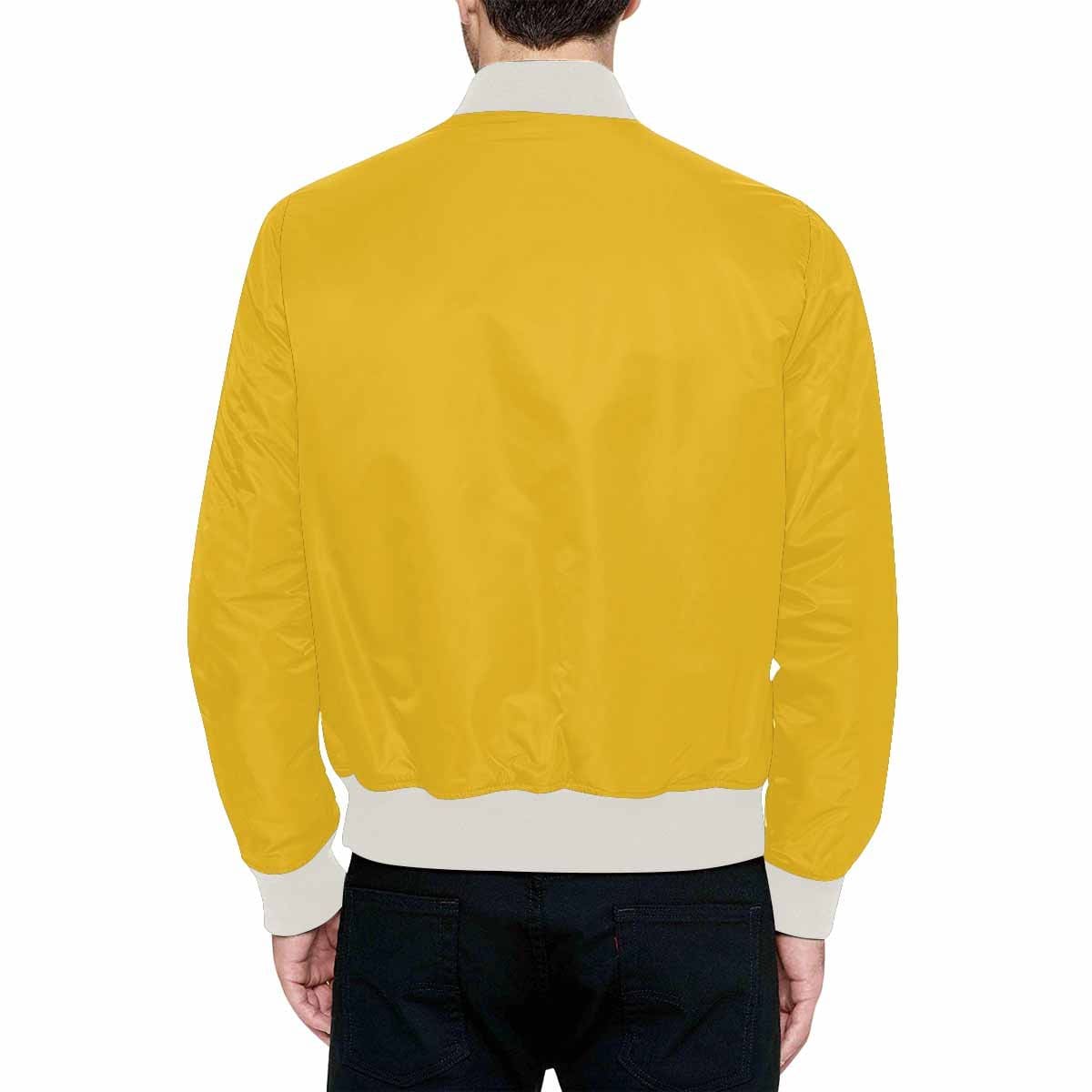 Mens Freesia Yellow Bomber Jacket featuring a quilted lining and personalized print design, perfect for stylish outerwear.