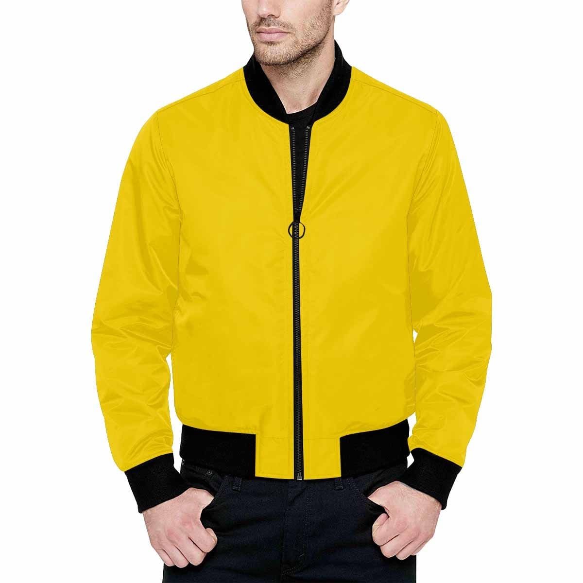 Men's Gold Yellow and Black Bomber Jacket featuring a quilted lining and personalized print design.