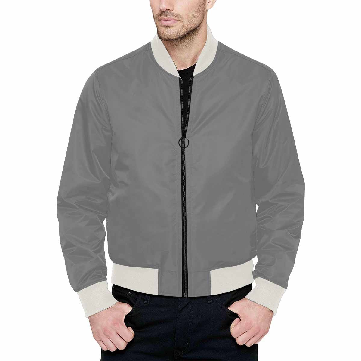 Men's gray bomber jacket featuring a quilted lining, classic zipper, and personalized all-over print design.