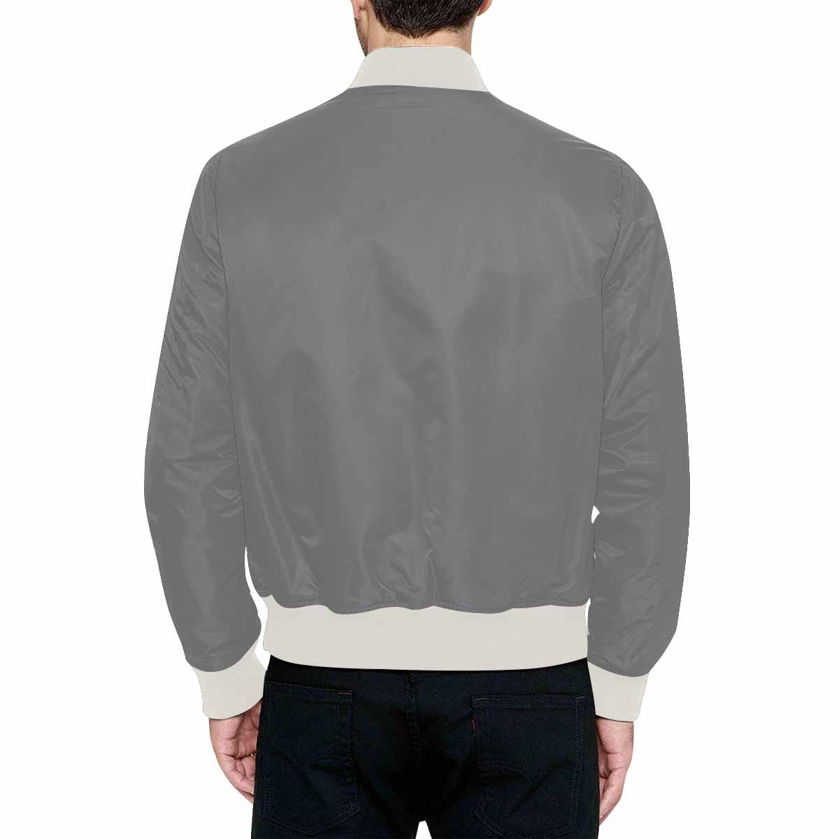 Men's gray bomber jacket featuring a quilted lining, classic zipper, and personalized all-over print design.