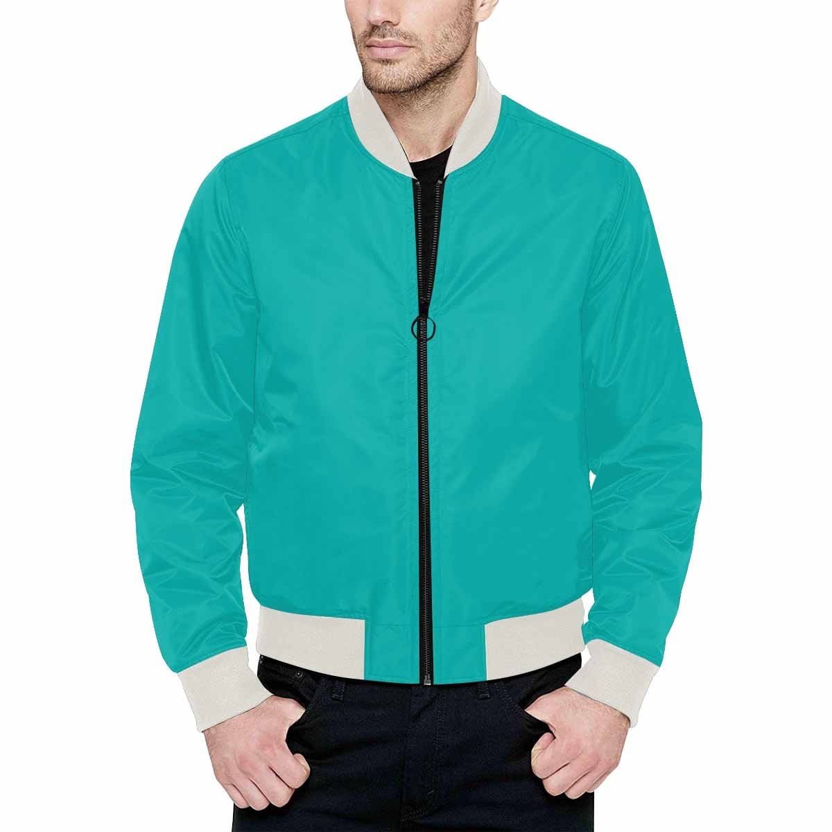 Men's greenish blue bomber jacket featuring a quilted lining and personalized print design, with classic zipper and pouch pockets.