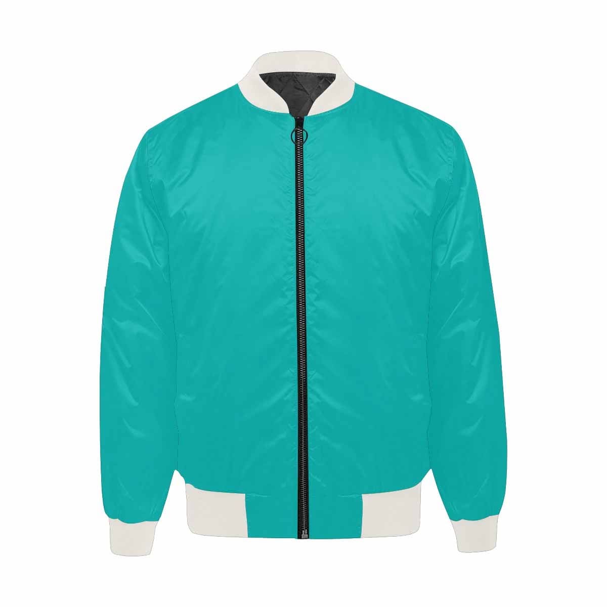 Men's greenish blue bomber jacket featuring a quilted lining and personalized print design, with classic zipper and pouch pockets.