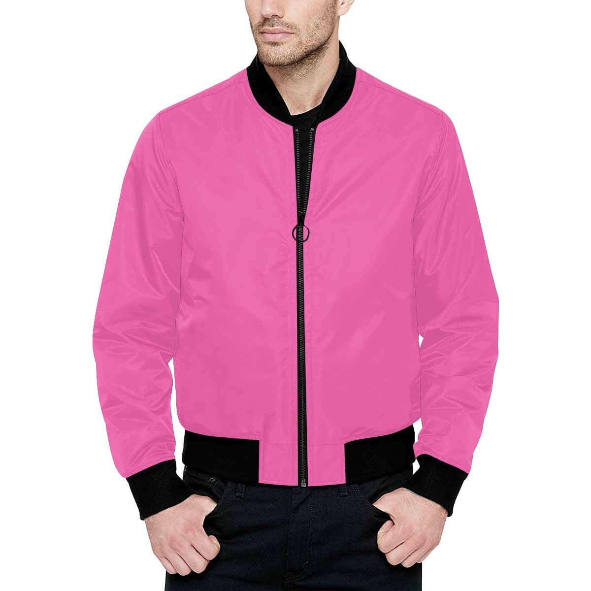 Men's Hot Pink and Black Bomber Jacket featuring a quilted lining and stylish design with zipper and pouch pockets.