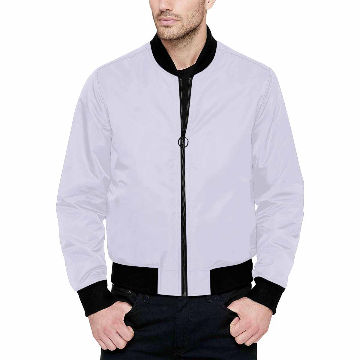 Men's lavender purple and black bomber jacket featuring a quilted lining and personalized all-over print design.