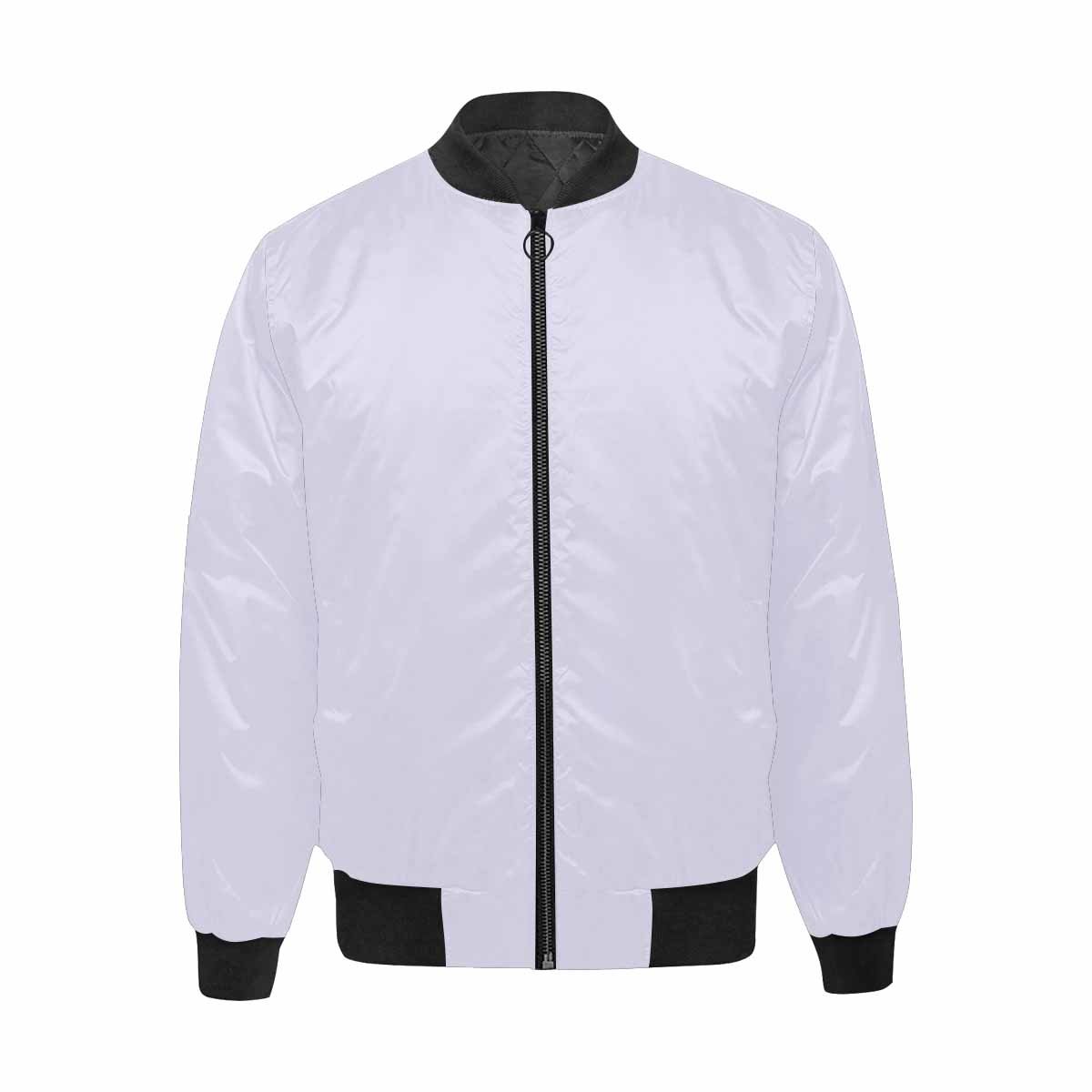 Men's lavender purple and black bomber jacket featuring a quilted lining and personalized all-over print design.