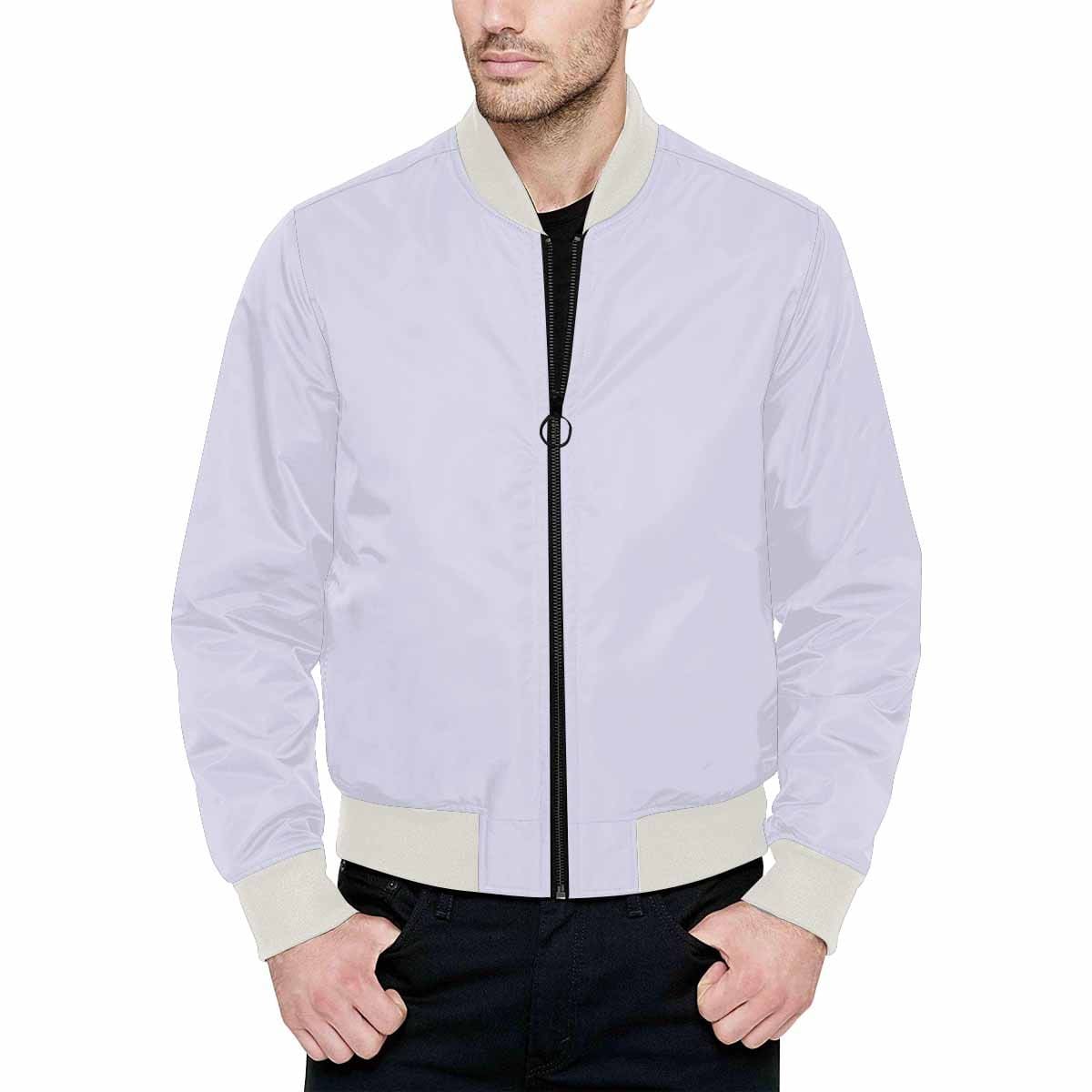 Men's Lavender Purple Bomber Jacket featuring quilted lining and personalized print design.