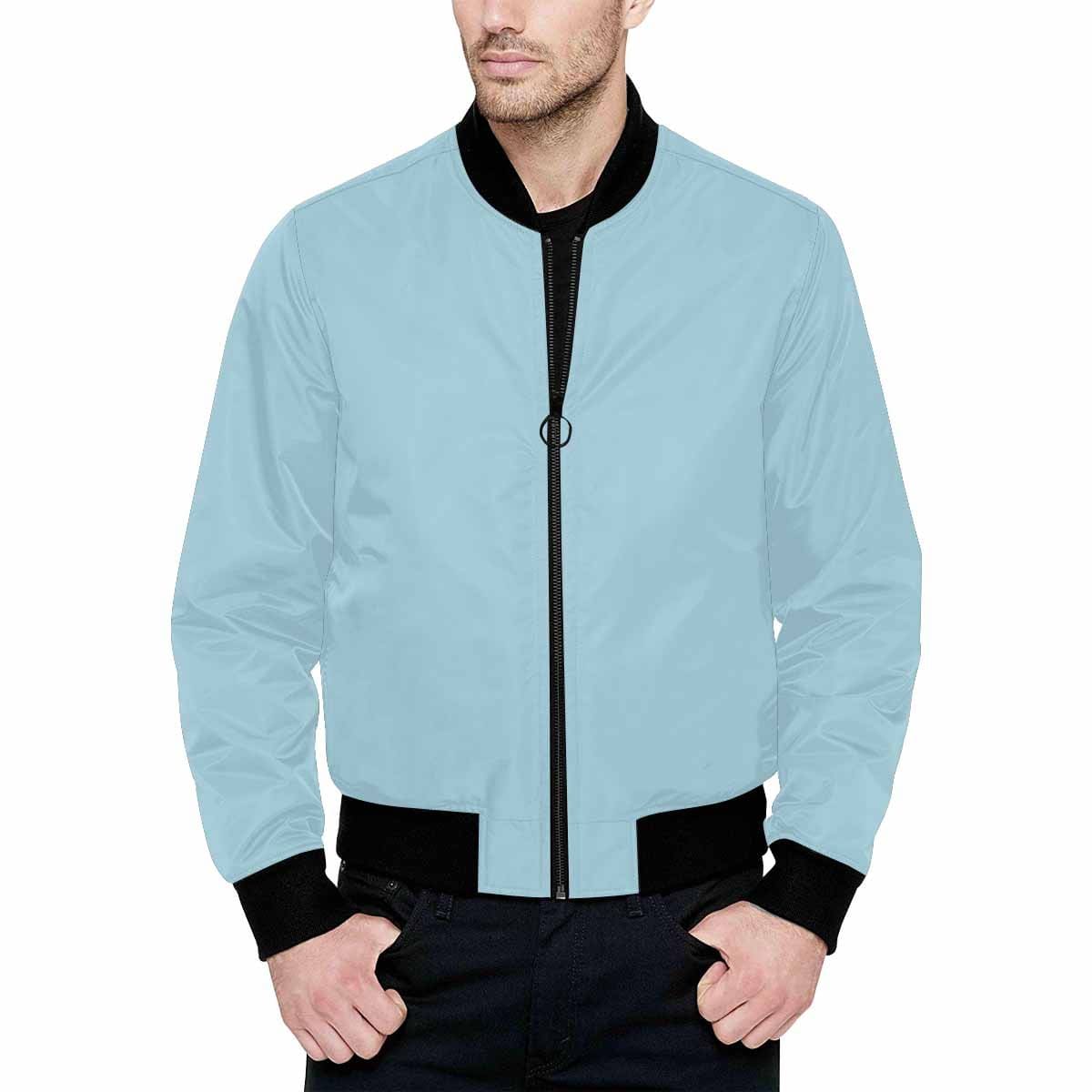 Men's Light Blue and Black Bomber Jacket with quilted lining and stylish design, featuring a zipper and pouch pockets.