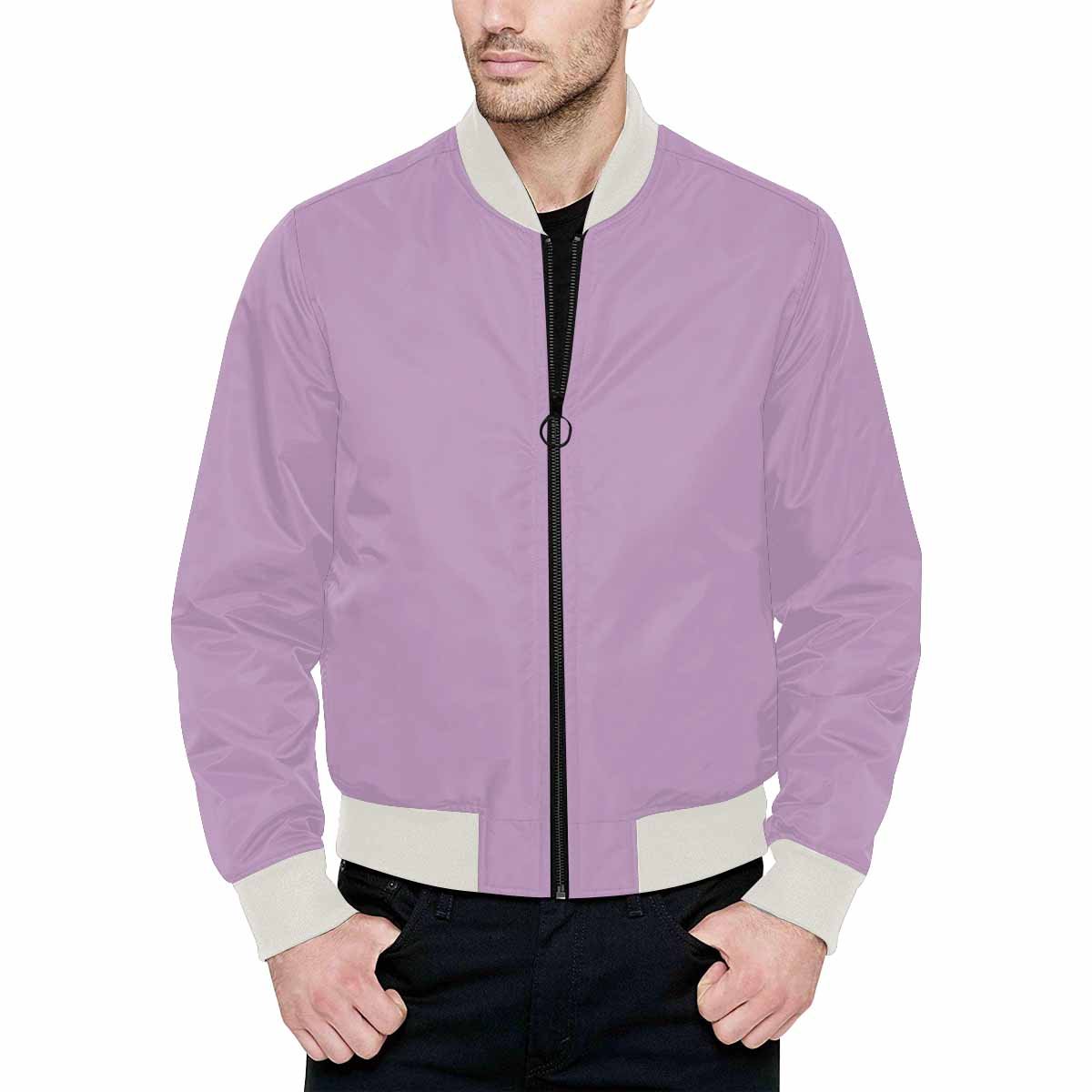 Men's lilac purple bomber jacket with quilted lining and zipper closure, featuring two pouch pockets and elastic cuffs.