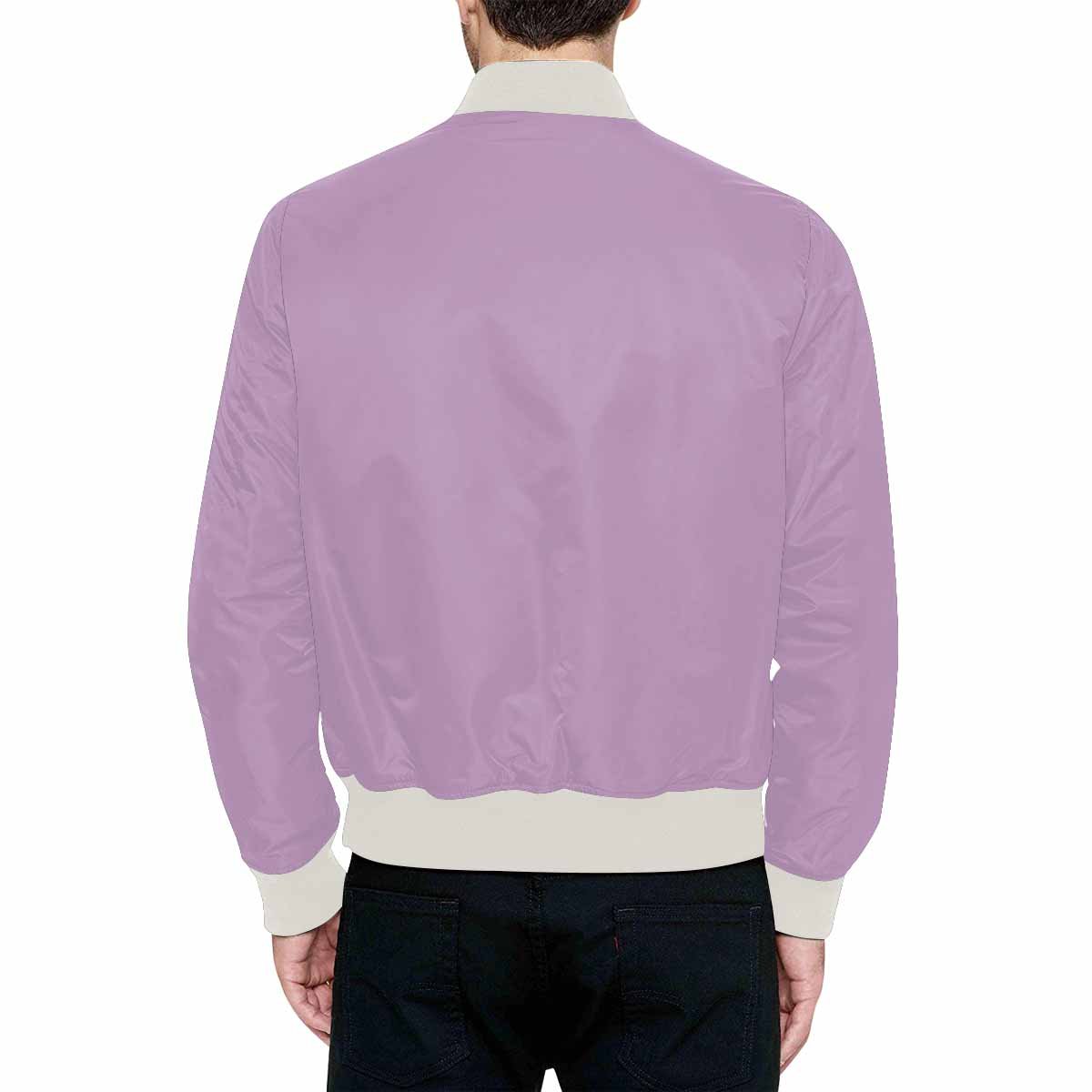 Men's lilac purple bomber jacket with quilted lining and zipper closure, featuring two pouch pockets and elastic cuffs.