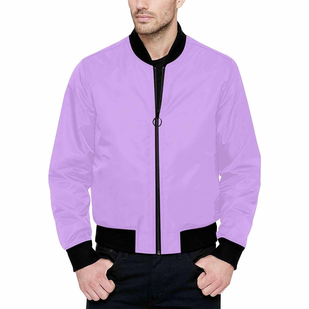 Men's mauve purple and black bomber jacket with quilted lining and zipper closure, featuring stylish all-over print and pouch pockets.