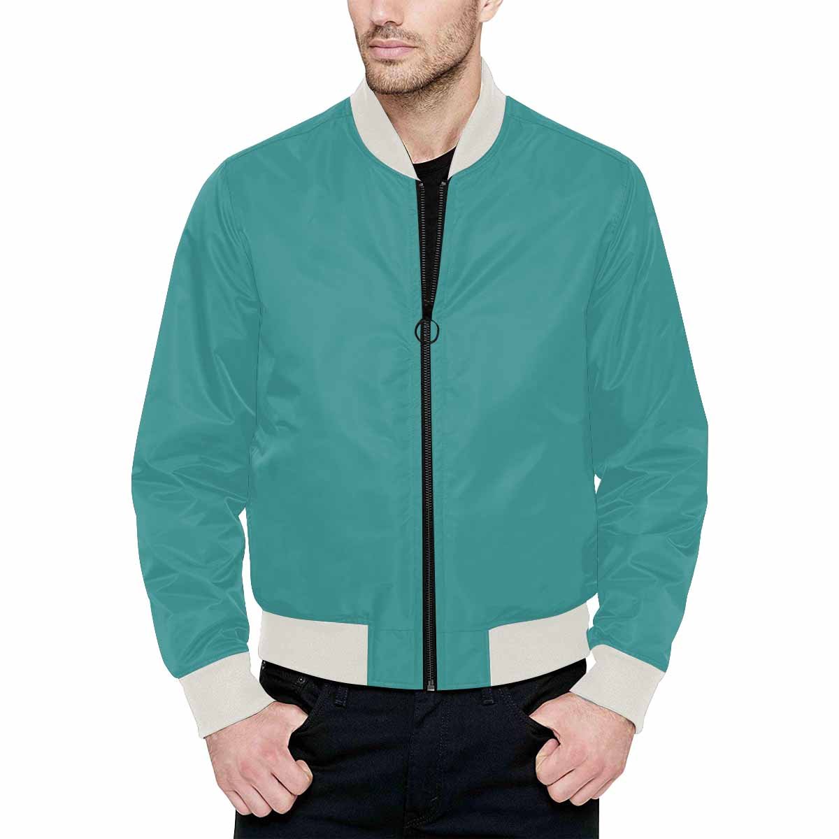 Men's mint blue bomber jacket featuring a quilted lining, classic zipper, and stylish all-over print design.