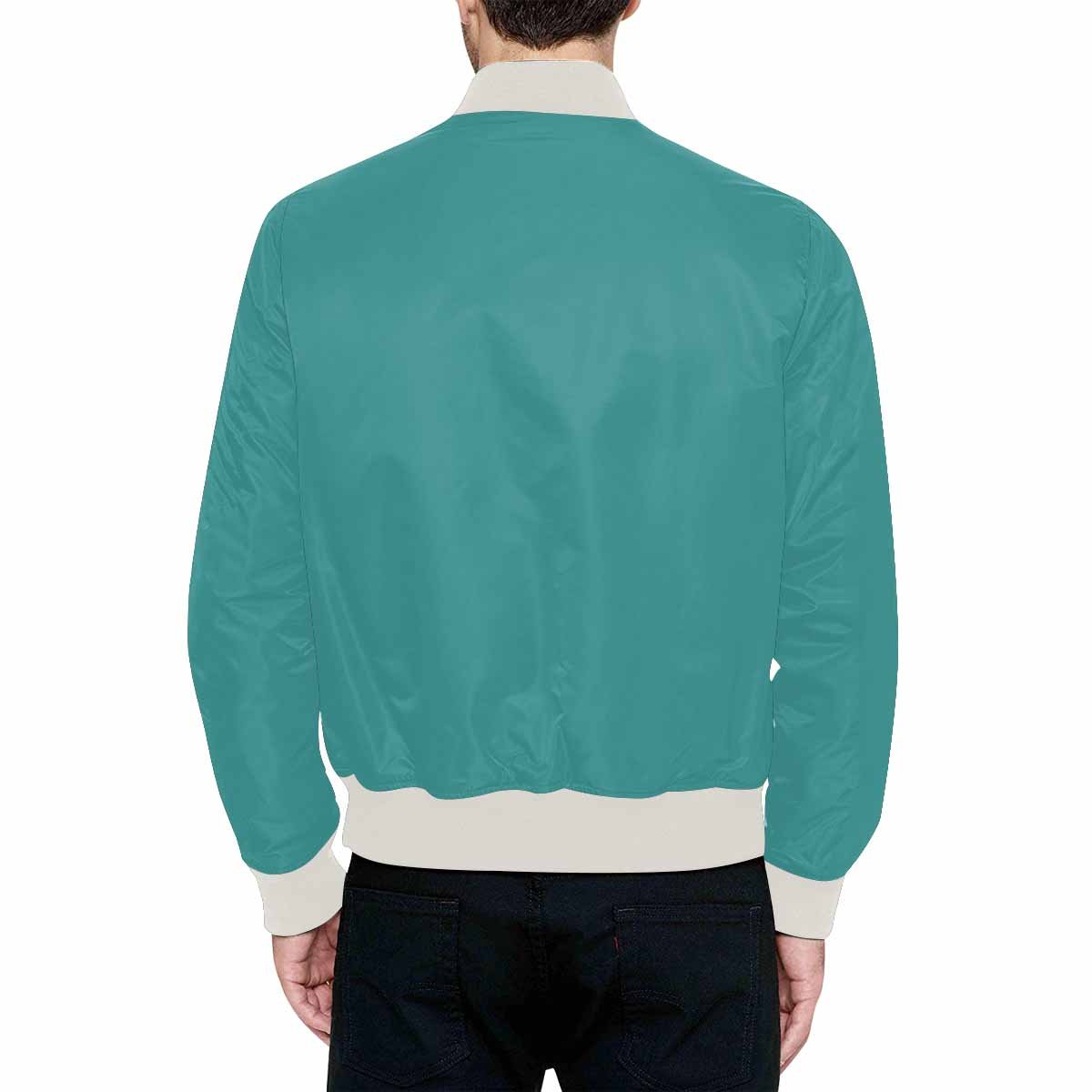 Men's mint blue bomber jacket featuring a quilted lining, classic zipper, and stylish all-over print design.