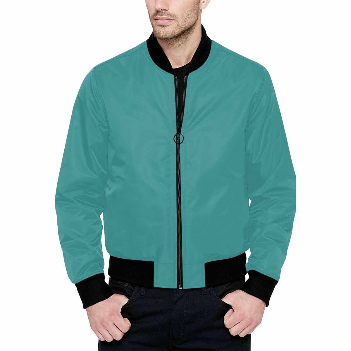 Men's mint blue bomber jacket featuring quilted lining and personalized print design.