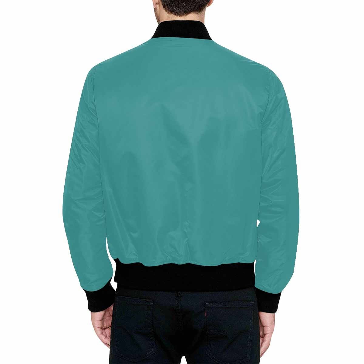 Men's mint blue bomber jacket featuring quilted lining and personalized print design.