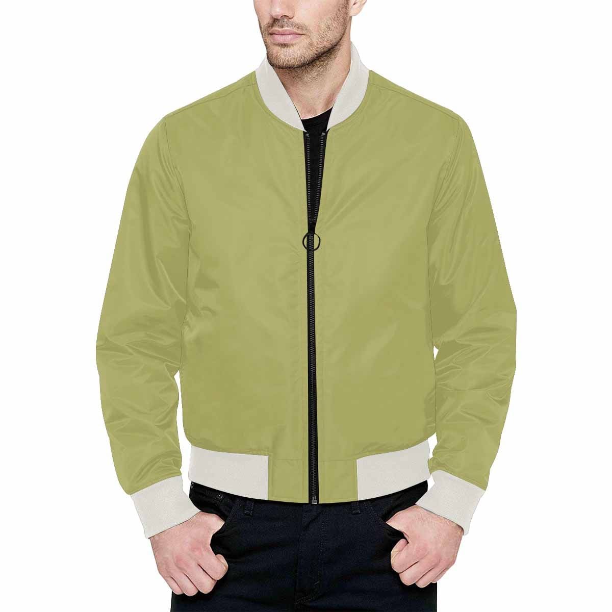 Men's Olive Green Bomber Jacket with quilted lining and stylish design, featuring a zipper closure and pouch pockets.