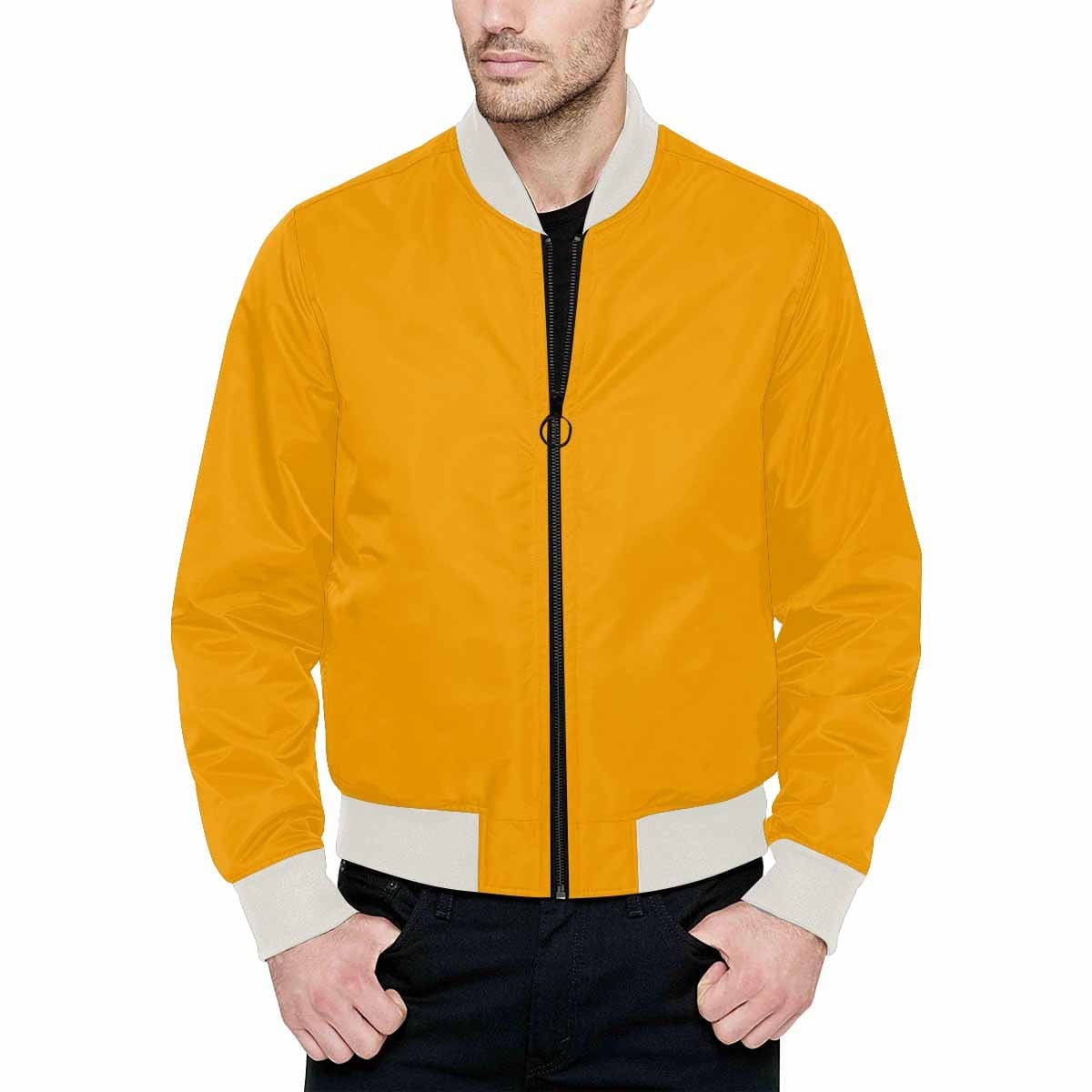 Men's orange bomber jacket with quilted lining and zipper closure, featuring personalized all-over print and pouch pockets.