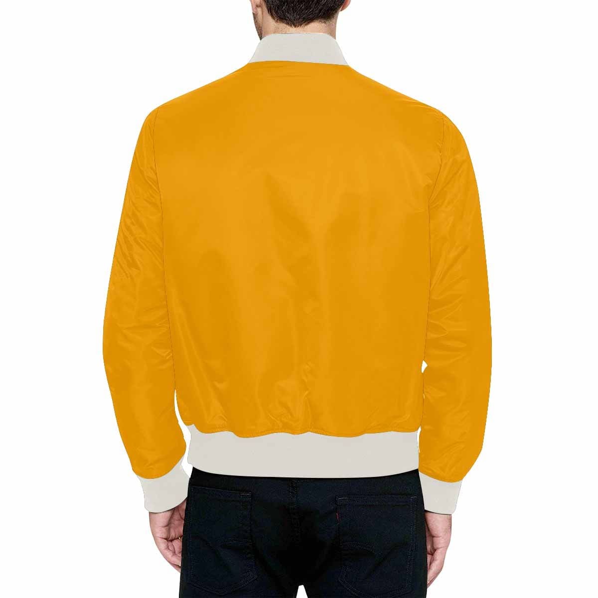 Men's orange bomber jacket with quilted lining and zipper closure, featuring personalized all-over print and pouch pockets.