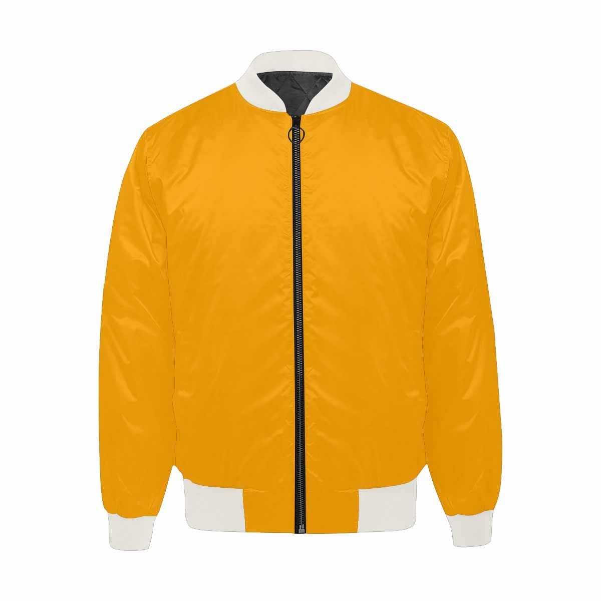 Men's orange bomber jacket with quilted lining and zipper closure, featuring personalized all-over print and pouch pockets.