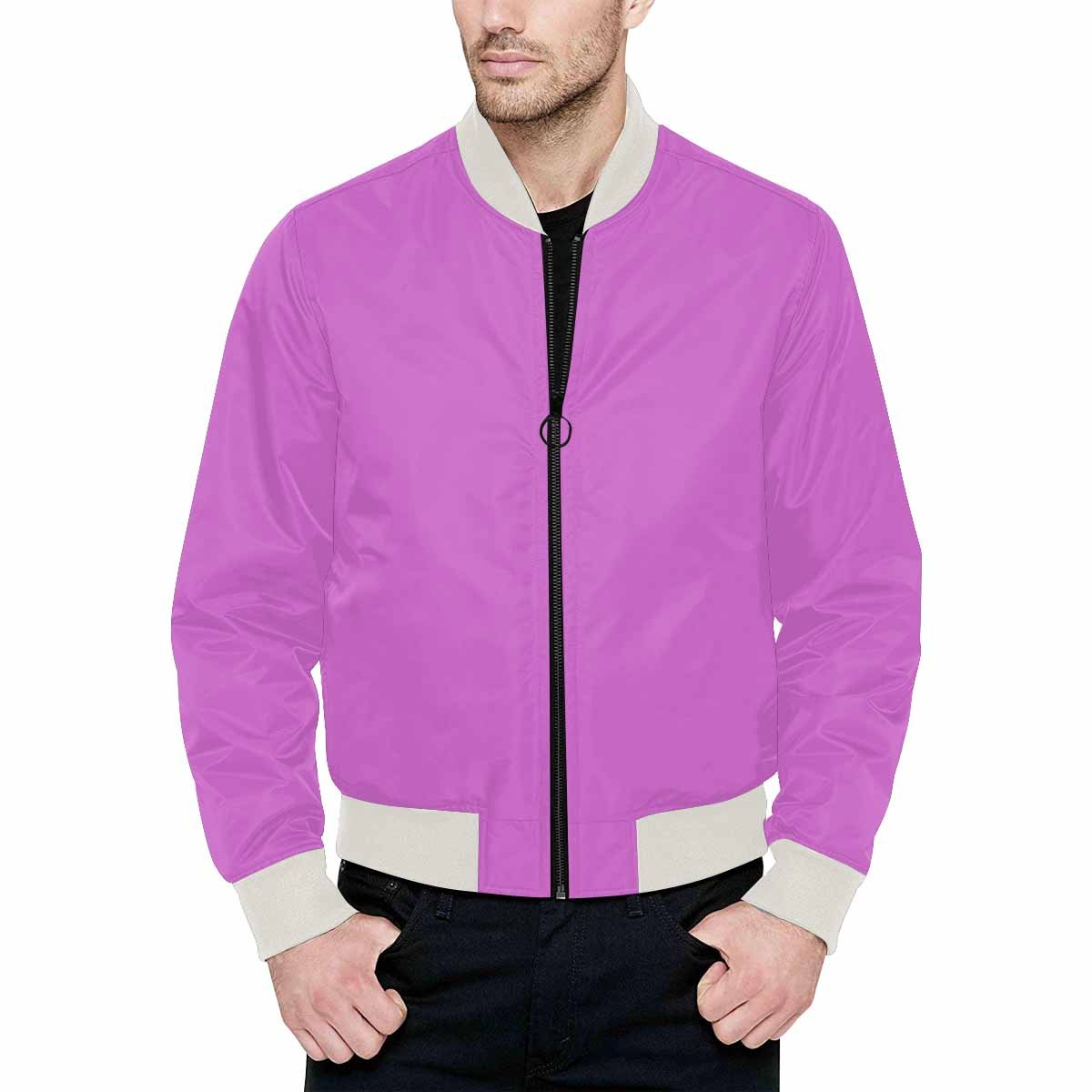 Men's Orchid Purple Bomber Jacket featuring a quilted lining and personalized all-over print design, showcasing its stylish and functional features.