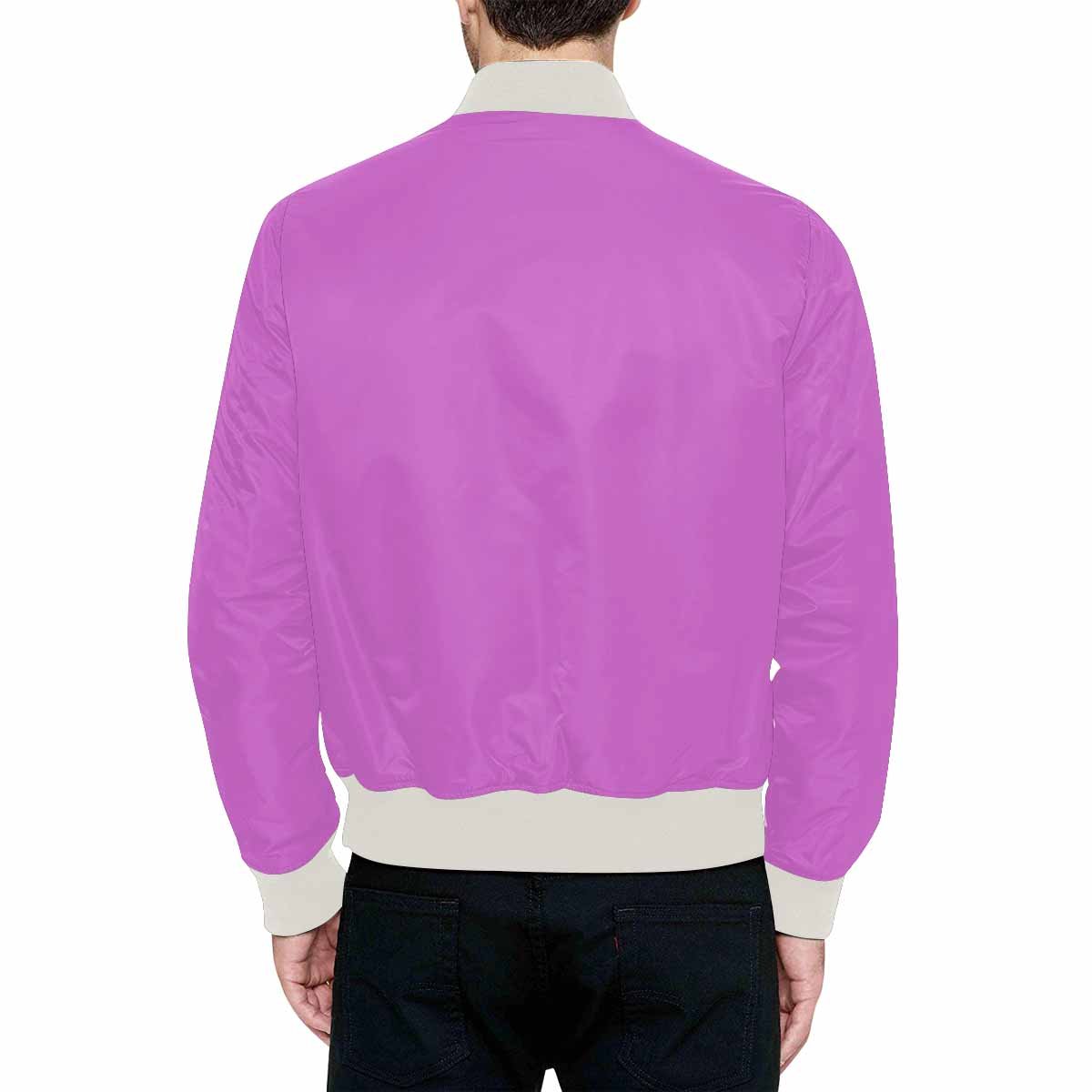 Men's Orchid Purple Bomber Jacket featuring a quilted lining and personalized all-over print design, showcasing its stylish and functional features.