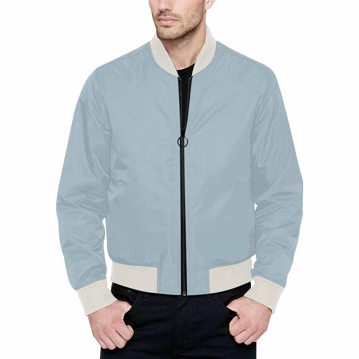 Men's pastel blue bomber jacket with quilted lining and zipper closure, featuring personalized all-over print and pouch pockets.