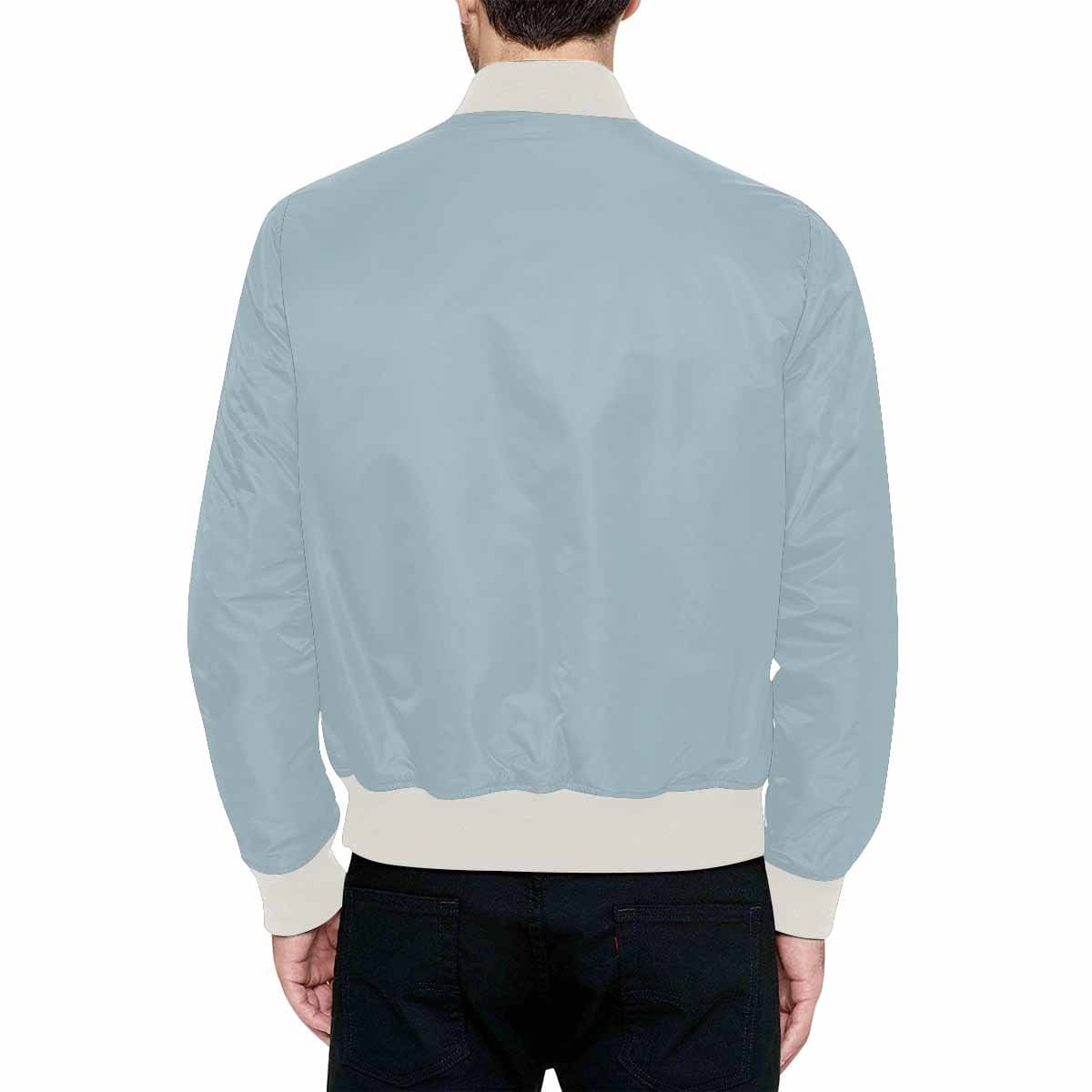 Men's pastel blue bomber jacket with quilted lining and zipper closure, featuring personalized all-over print and pouch pockets.