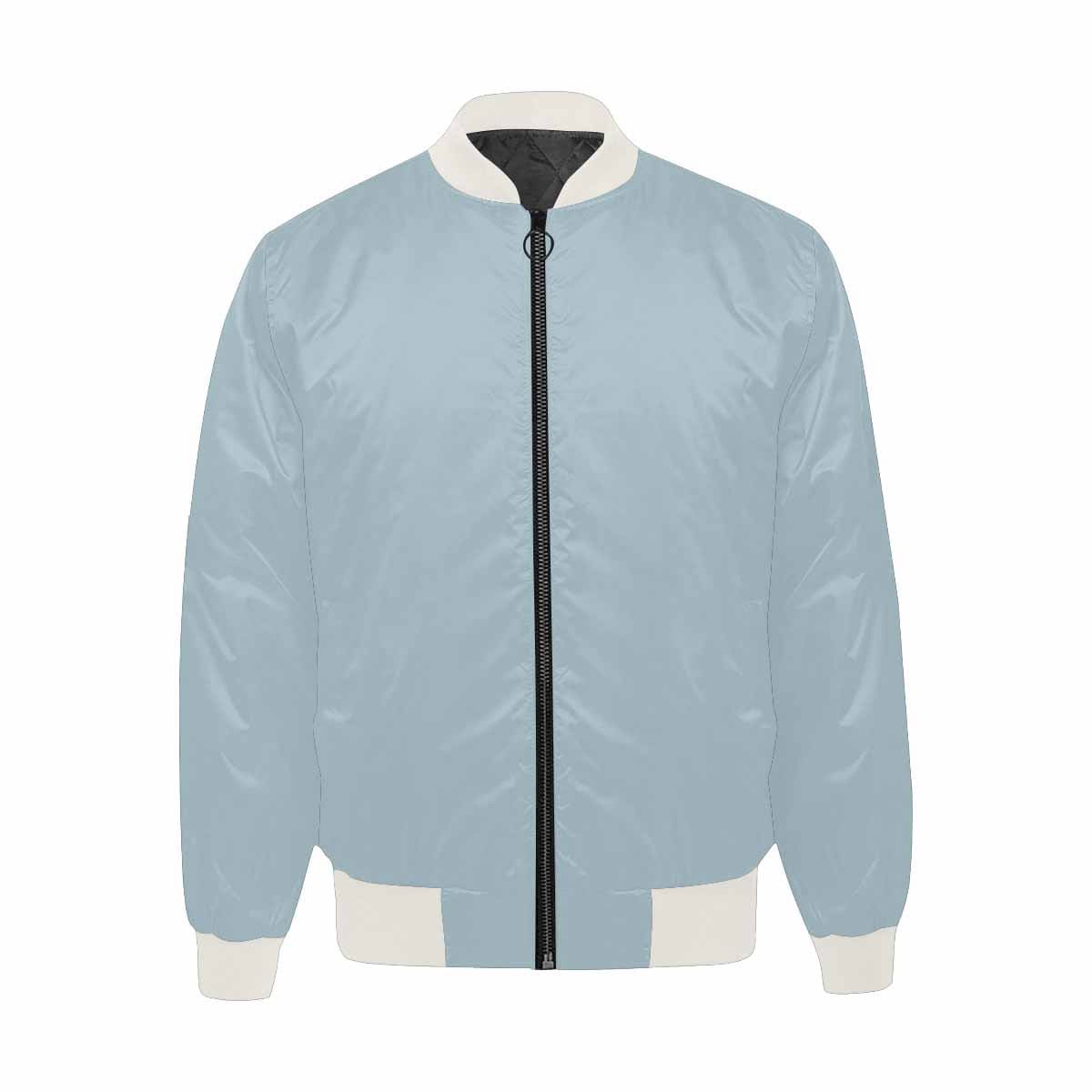 Men's pastel blue bomber jacket with quilted lining and zipper closure, featuring personalized all-over print and pouch pockets.