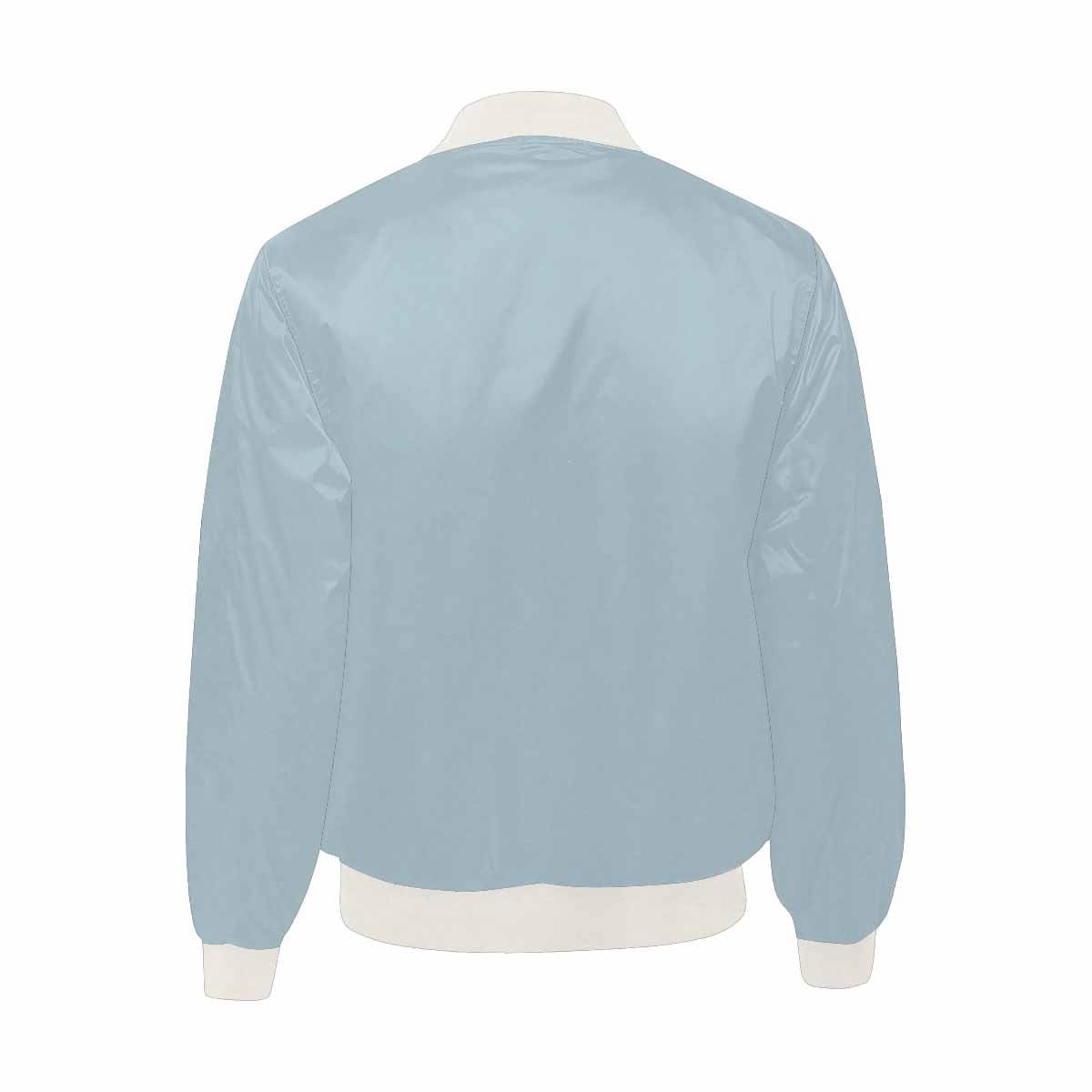 Men's pastel blue bomber jacket with quilted lining and zipper closure, featuring personalized all-over print and pouch pockets.