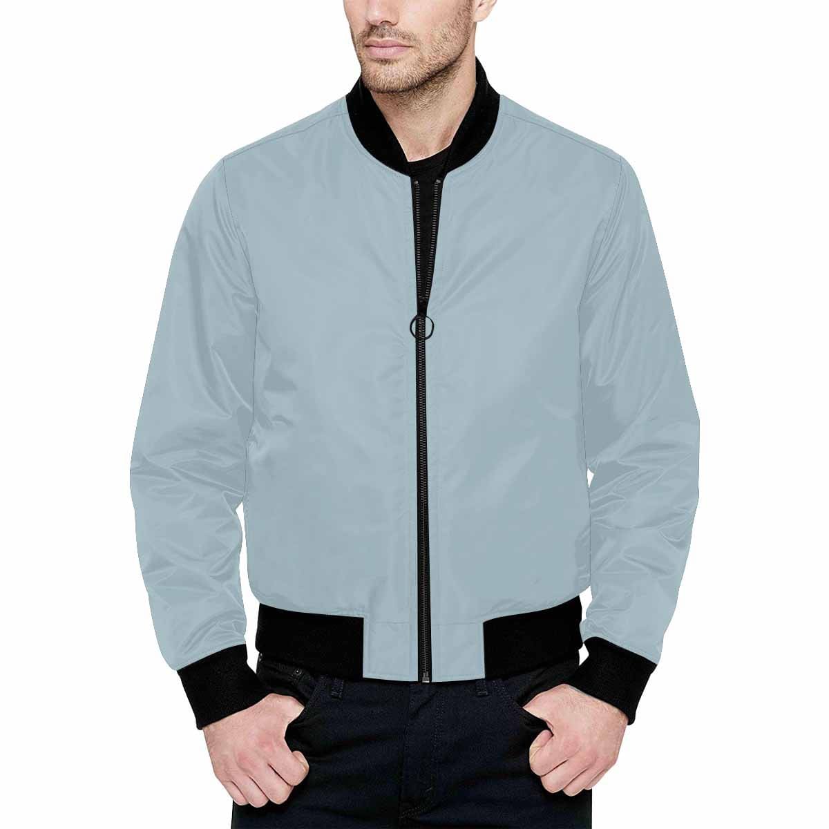 Mens pastel blue bomber jacket with quilted lining and zipper, featuring personalized all-over print and pouch pockets.